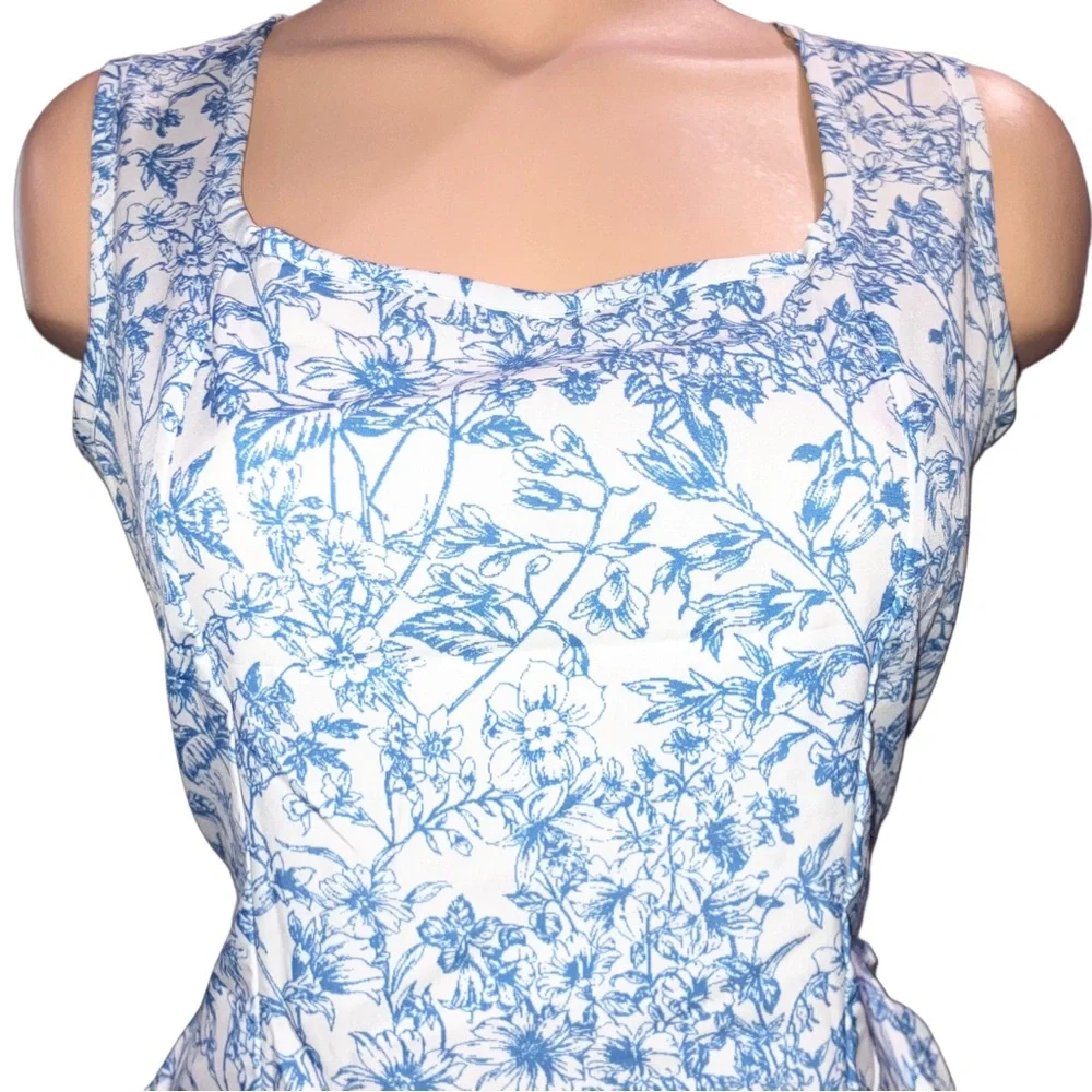 SHEIN Blue Floral Skater Dress Open Back Bow Tie Mini Dress - Picture 8 of 13